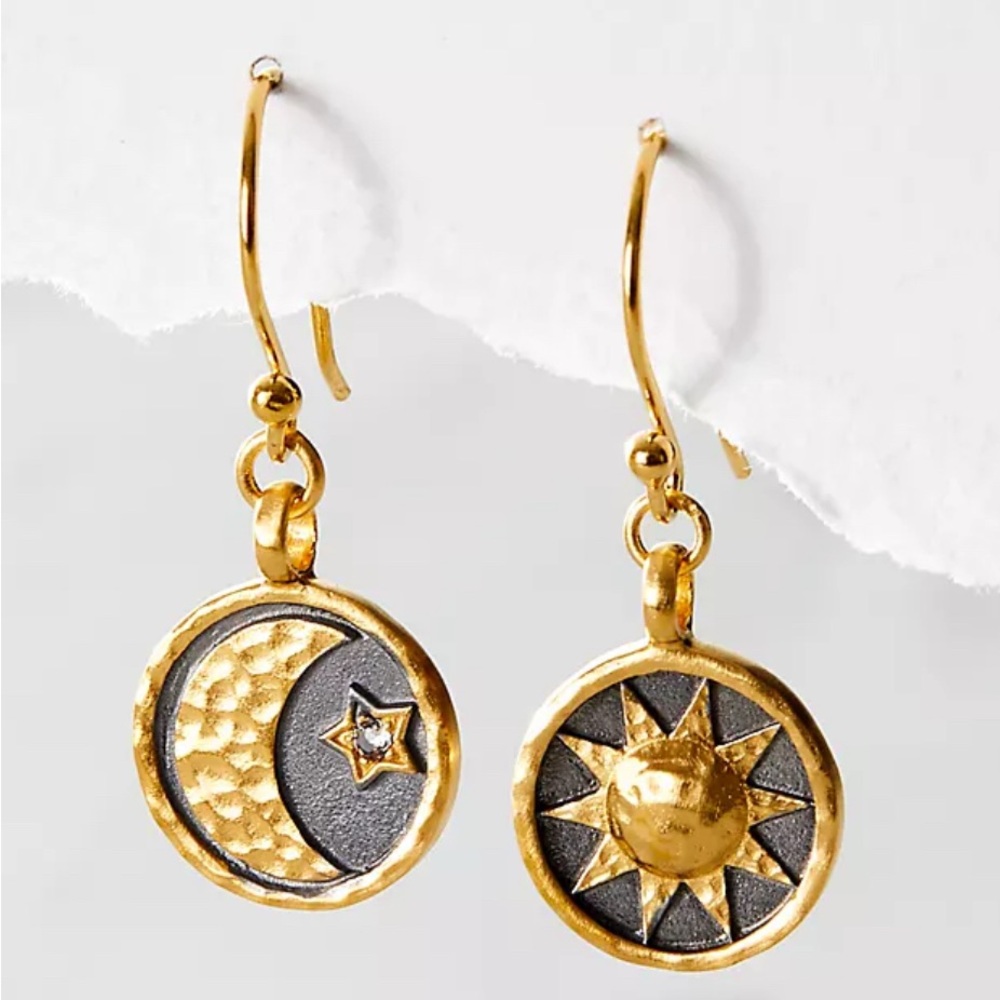 Hand Carved Sunburst, Moon and Star Gold Plated Earrings. New.